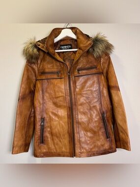 Derimod Women's Brown Leather Hooded Jacket with Fur Trim size XXL NWOT